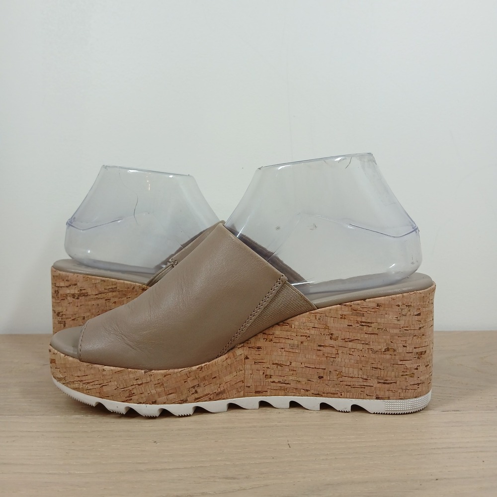 Sorel Joanie II Slide Sandals Women's 8 Taupe Leather Cork Wedge Platform - Picture 5 of 12